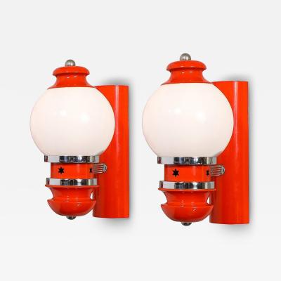 Mid Century Chrome Glass Vermillion Enamel Portico Sconces w Star Cutouts