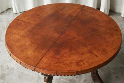 Mid Century Coffee Table in Solid Wood and Patinated Cognac Leather