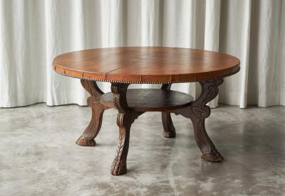Mid Century Coffee Table in Solid Wood and Patinated Cognac Leather