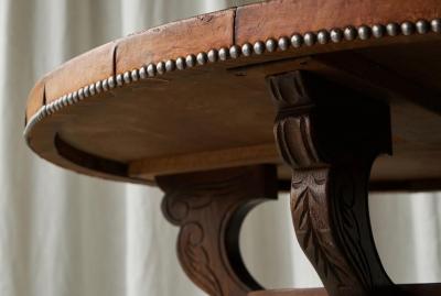 Mid Century Coffee Table in Solid Wood and Patinated Cognac Leather