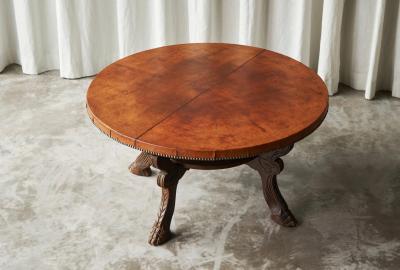 Mid Century Coffee Table in Solid Wood and Patinated Cognac Leather