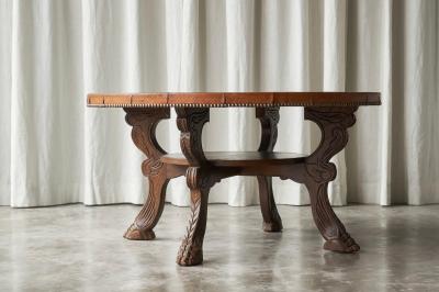 Mid Century Coffee Table in Solid Wood and Patinated Cognac Leather