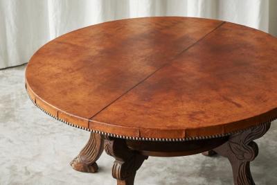 Mid Century Coffee Table in Solid Wood and Patinated Cognac Leather