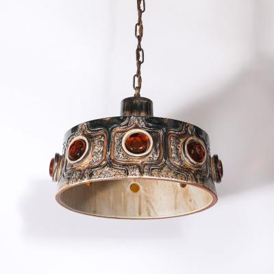 Mid Century Cool Umber Glazed Ceramic Pendant Chandelier with Amber Glass Detail