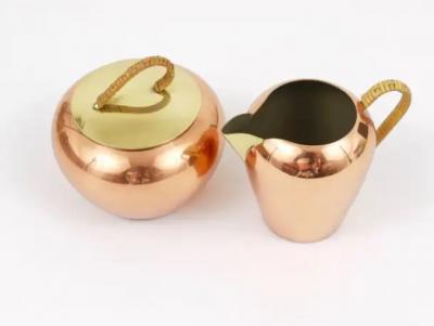 Mid Century Copper Brass Milk Creamer and Sugar Bowl with Lid Austria 1950s