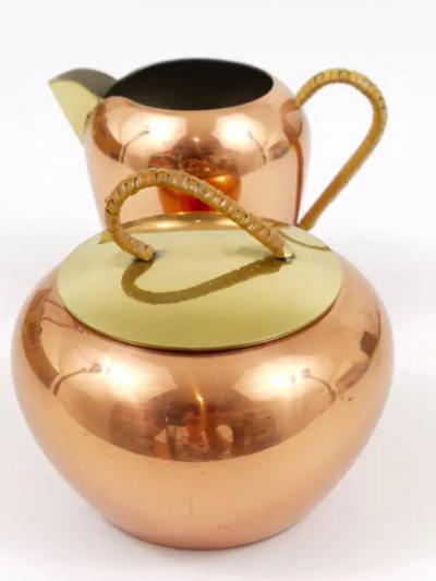 Mid Century Copper Brass Milk Creamer and Sugar Bowl with Lid Austria 1950s