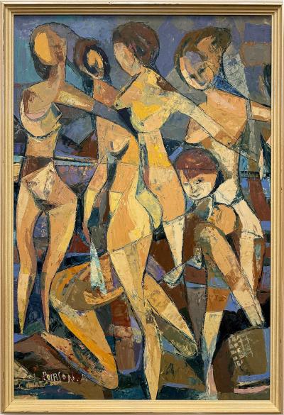 Mid Century Cubist Abstract Female Nudes Oil Painting by Andr Poirson