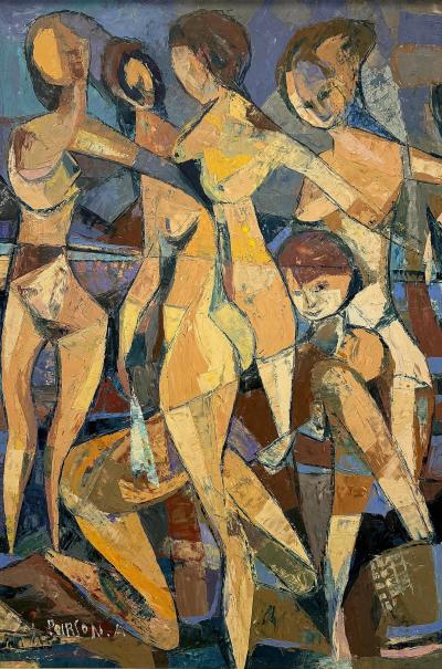 Mid Century Cubist Abstract Female Nudes Oil Painting by Andr Poirson