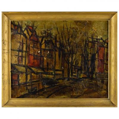 Mid Century DLanor Abstract Cityscape Oil On Canvas Painting
