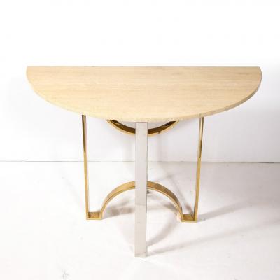 Mid Century Demilune Travertine Marble Top w Brass Chrome Base Console Table