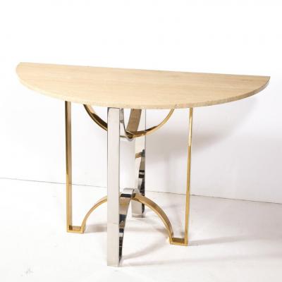 Mid Century Demilune Travertine Marble Top w Brass Chrome Base Console Table