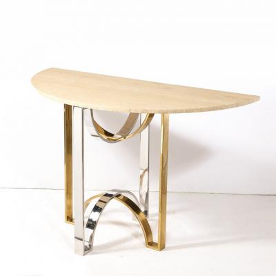 Mid Century Demilune Travertine Marble Top w Brass Chrome Base Console Table