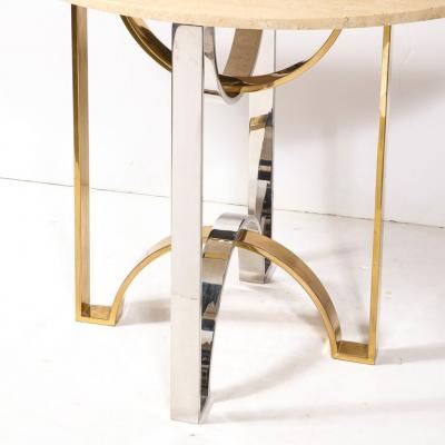 Mid Century Demilune Travertine Marble Top w Brass Chrome Base Console Table