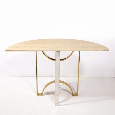 Mid Century Demilune Travertine Marble Top w Brass Chrome Base Console Table