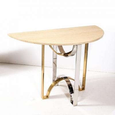 Mid Century Demilune Travertine Marble Top w Brass Chrome Base Console Table