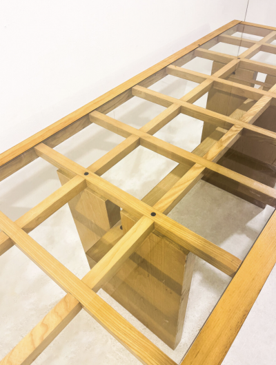 Mid Century Dining Table Wood with Glass Top Italy 1970s