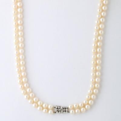 Mid Century Double Strand Pearls with Diamond Clasp