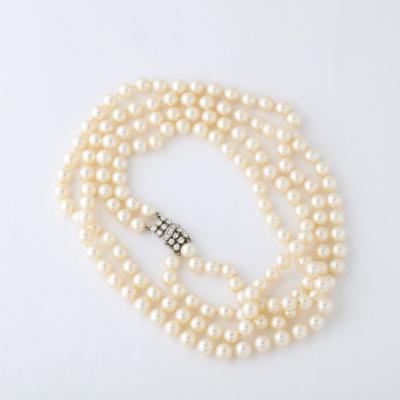 Mid Century Double Strand Pearls with Diamond Clasp
