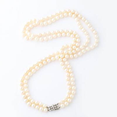 Mid Century Double Strand Pearls with Diamond Clasp