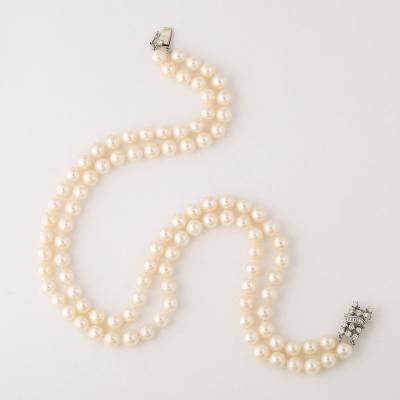 Mid Century Double Strand Pearls with Diamond Clasp