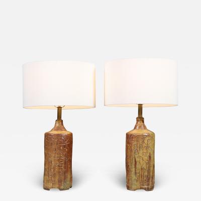 Mid Century Earthy Glazed Table Lamps w Abstract Relief Design