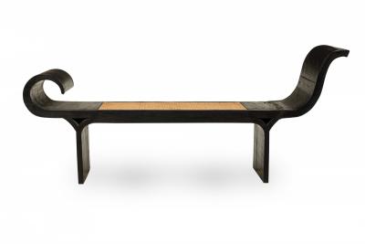 Mid Century Ebonized Wood Scrolled Side Caned Seat Bench