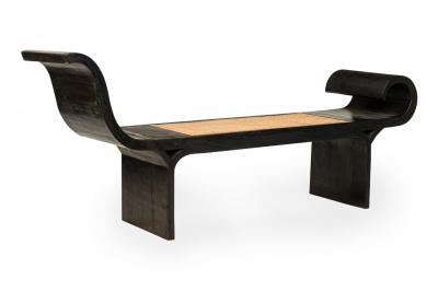 Mid Century Ebonized Wood Scrolled Side Caned Seat Bench