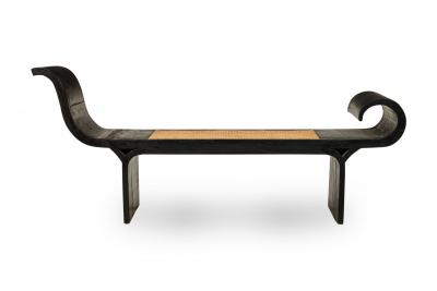 Mid Century Ebonized Wood Scrolled Side Caned Seat Bench