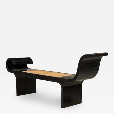 Mid Century Ebonized Wood Scrolled Side Caned Seat Bench