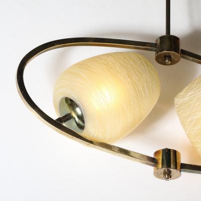 Mid Century Elliptical Chandelier w Striated Spun Glass Shades in Antique Brass
