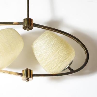 Mid Century Elliptical Chandelier w Striated Spun Glass Shades in Antique Brass