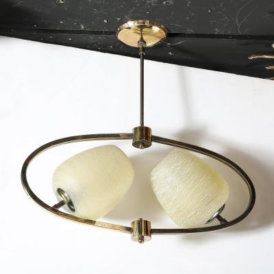 Mid Century Elliptical Chandelier w Striated Spun Glass Shades in Antique Brass