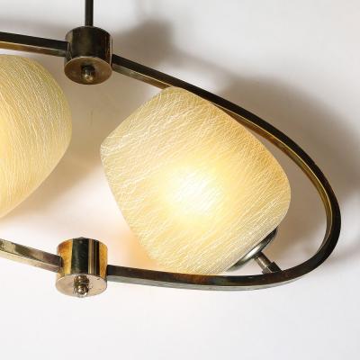 Mid Century Elliptical Chandelier w Striated Spun Glass Shades in Antique Brass