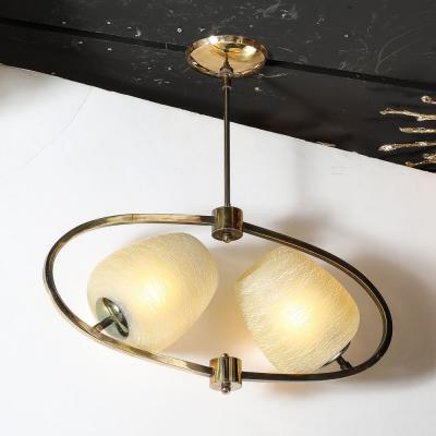 Mid Century Elliptical Chandelier w Striated Spun Glass Shades in Antique Brass