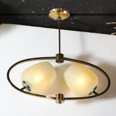 Mid Century Elliptical Chandelier w Striated Spun Glass Shades in Antique Brass