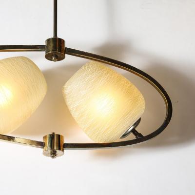 Mid Century Elliptical Chandelier w Striated Spun Glass Shades in Antique Brass