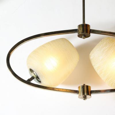 Mid Century Elliptical Chandelier w Striated Spun Glass Shades in Antique Brass