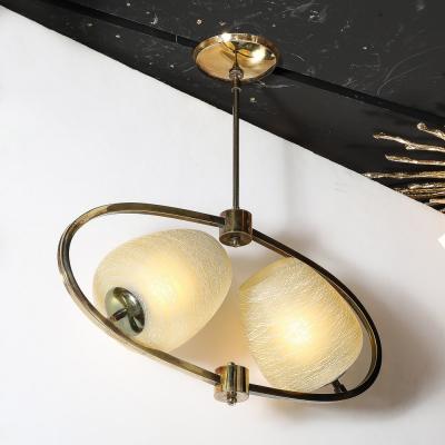 Mid Century Elliptical Chandelier w Striated Spun Glass Shades in Antique Brass