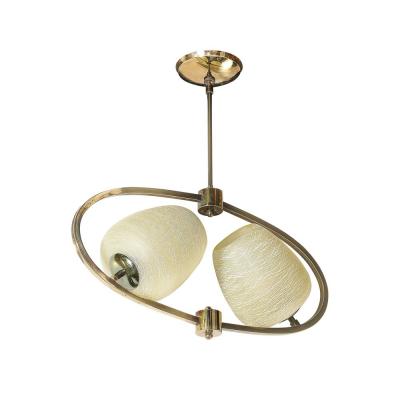 Mid Century Elliptical Chandelier w Striated Spun Glass Shades in Antique Brass
