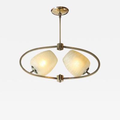Mid Century Elliptical Chandelier w Striated Spun Glass Shades in Antique Brass