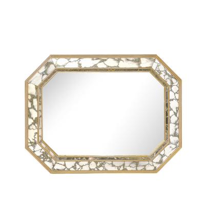 Mid Century Elongated Octagonal Smoked Antiqued Gold Vein Mirror w Gilt Wood