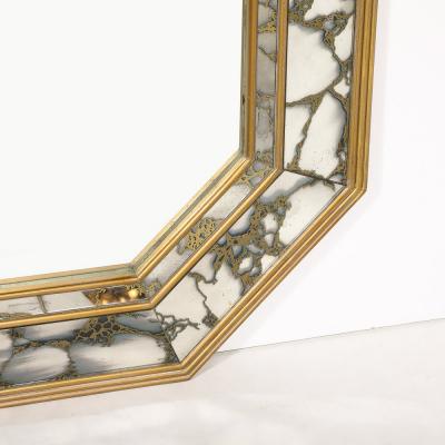 Mid Century Elongated Octagonal Smoked Antiqued Gold Vein Mirror w Gilt Wood