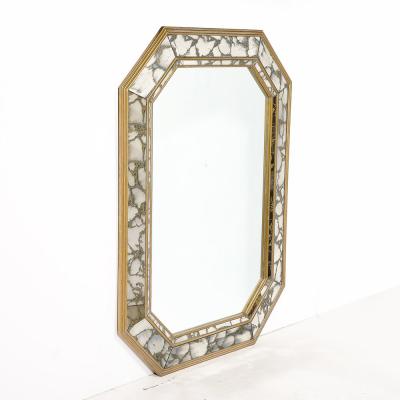 Mid Century Elongated Octagonal Smoked Antiqued Gold Vein Mirror w Gilt Wood
