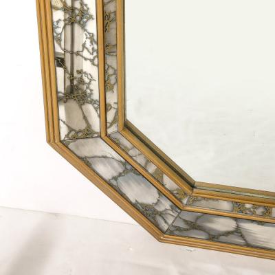 Mid Century Elongated Octagonal Smoked Antiqued Gold Vein Mirror w Gilt Wood