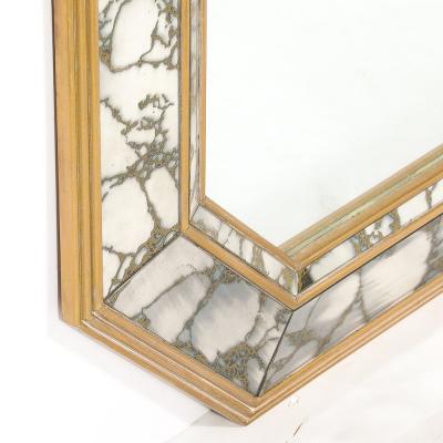 Mid Century Elongated Octagonal Smoked Antiqued Gold Vein Mirror w Gilt Wood