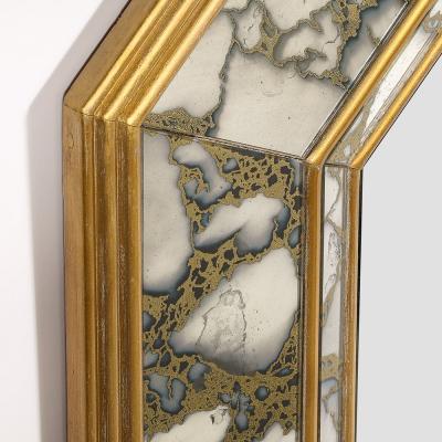 Mid Century Elongated Octagonal Smoked Antiqued Gold Vein Mirror w Gilt Wood