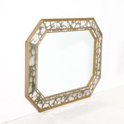 Mid Century Elongated Octagonal Smoked Antiqued Gold Vein Mirror w Gilt Wood