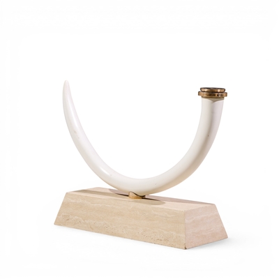 Mid Century Faux Elephant Tusk Brass and Travertine Console Table