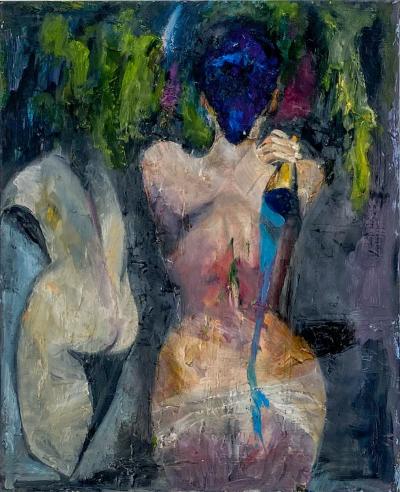 Mid Century Figurative of Two Women Oil on Canvas