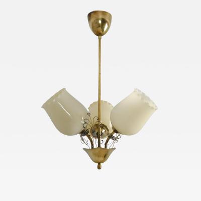 Mid Century Finnish Design Lamp in Brass and Beige Opaline Glass 1950s